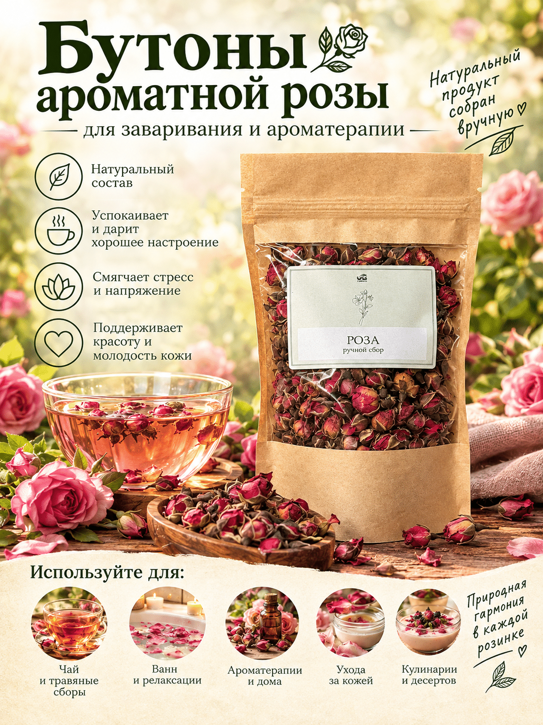 Роза, сушеные бутоны и лепестки